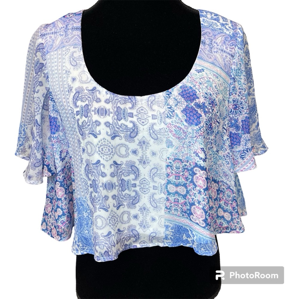 Show Me Your MuMu Kourtney Crop Top Scoop Neck Paisley Print Flutter Sleeves